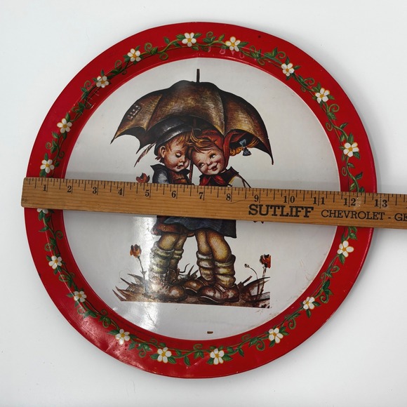 Vintage Metal Serving Tray Children Umbrella Flowers Red Floral Border, Giftco - Picture 3 of 5